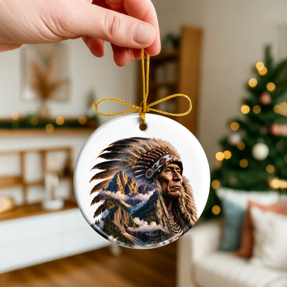 Native American Mountain Warrior Christmas Ornament – Indigenous Spirit Ceramic Holiday Hanging Decor