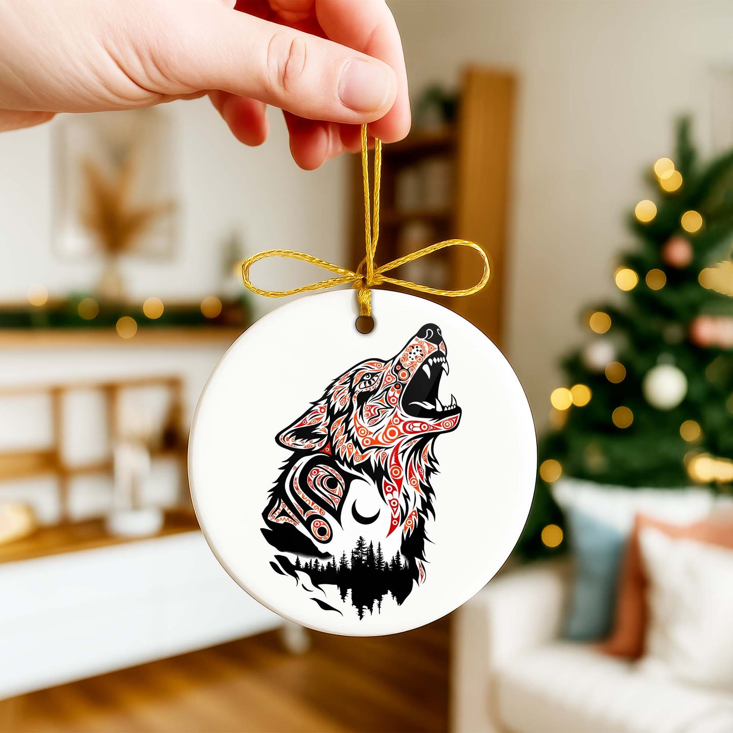 Native Wolf Ceramic Ornament - Indigenous Tribal Art for Holiday Decor