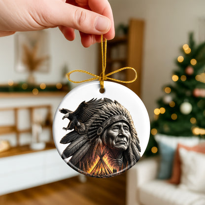 Native American Chief & Eagle Christmas Ornament – Indigenous Heritage Ceramic Hanging Decoration