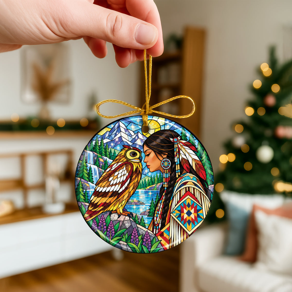 Owl And Woman Stained Glass Ceramic Christmas Ornament Holiday Decor