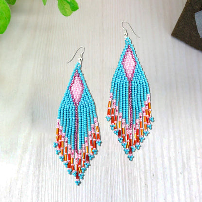 Turquoise Blue Seed Pattern Beaded Handmade Earrings For Women