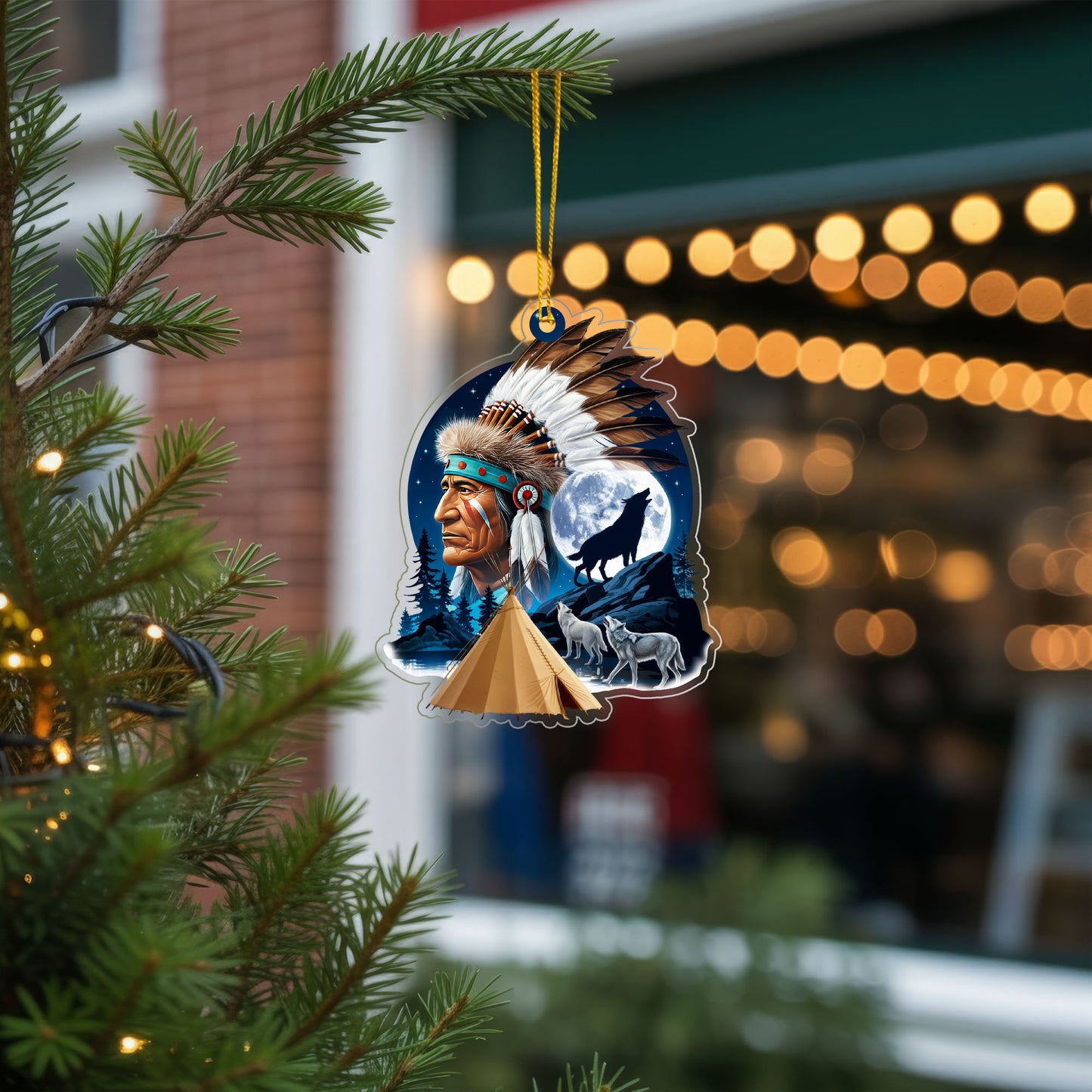 Native American Chief & Wolves Under Full Moon - Tribal Christmas Tree Decor Flat Acrylic