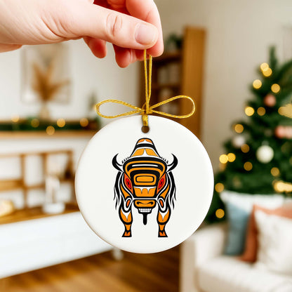 Native Bison Spirit Ceramic Ornament - Indigenous Tribal Art for Holiday Decor