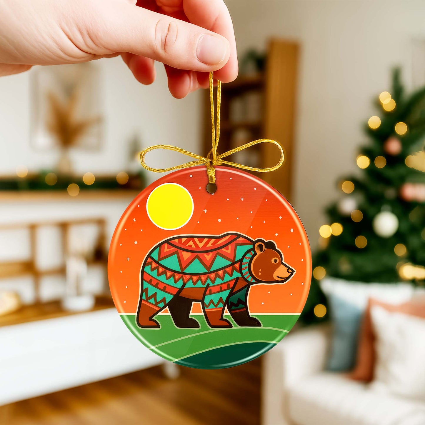 Tribal Bear Ceramic Ornament - Indigenous Inspired for Holiday Decor