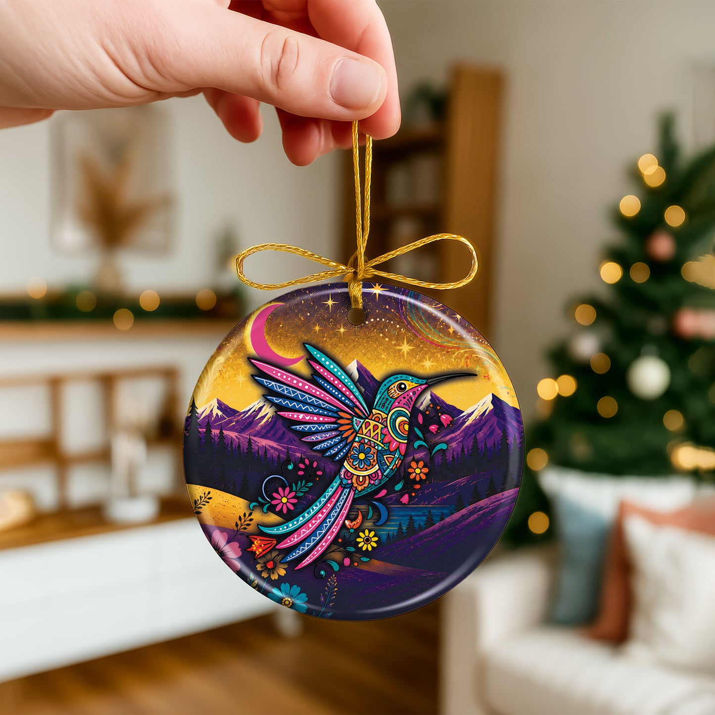 Native American Hummingbird Spirit Christmas Ornament – Indigenous Art Ceramic Hanging Decoration