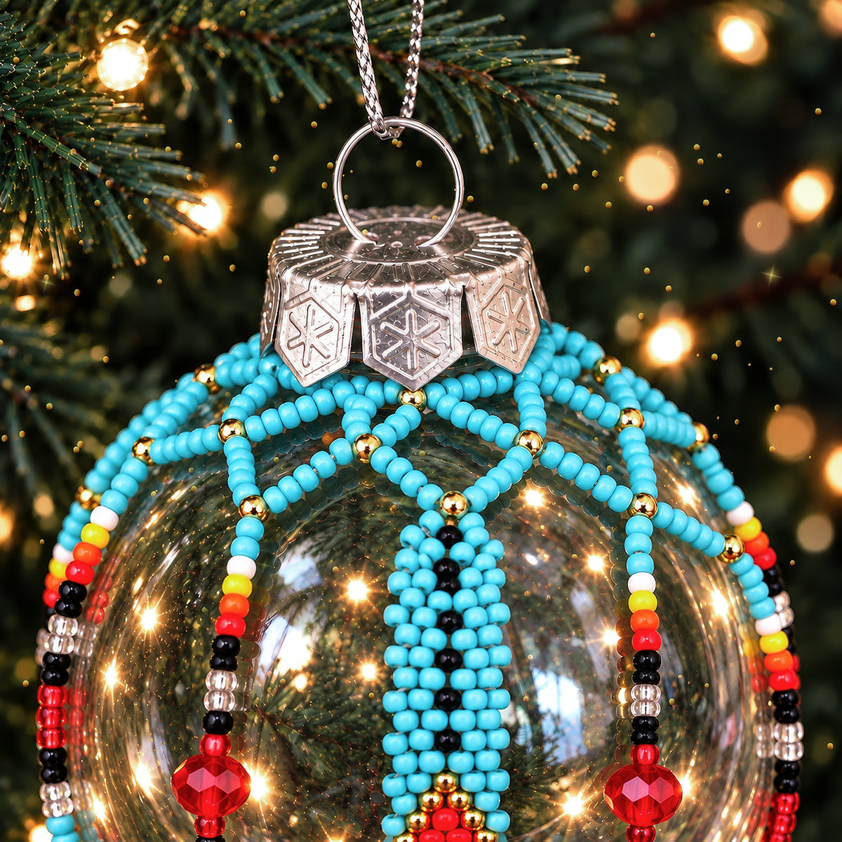 Red Beaded Christmas Ornament, Native-Inspired Holiday Decor
