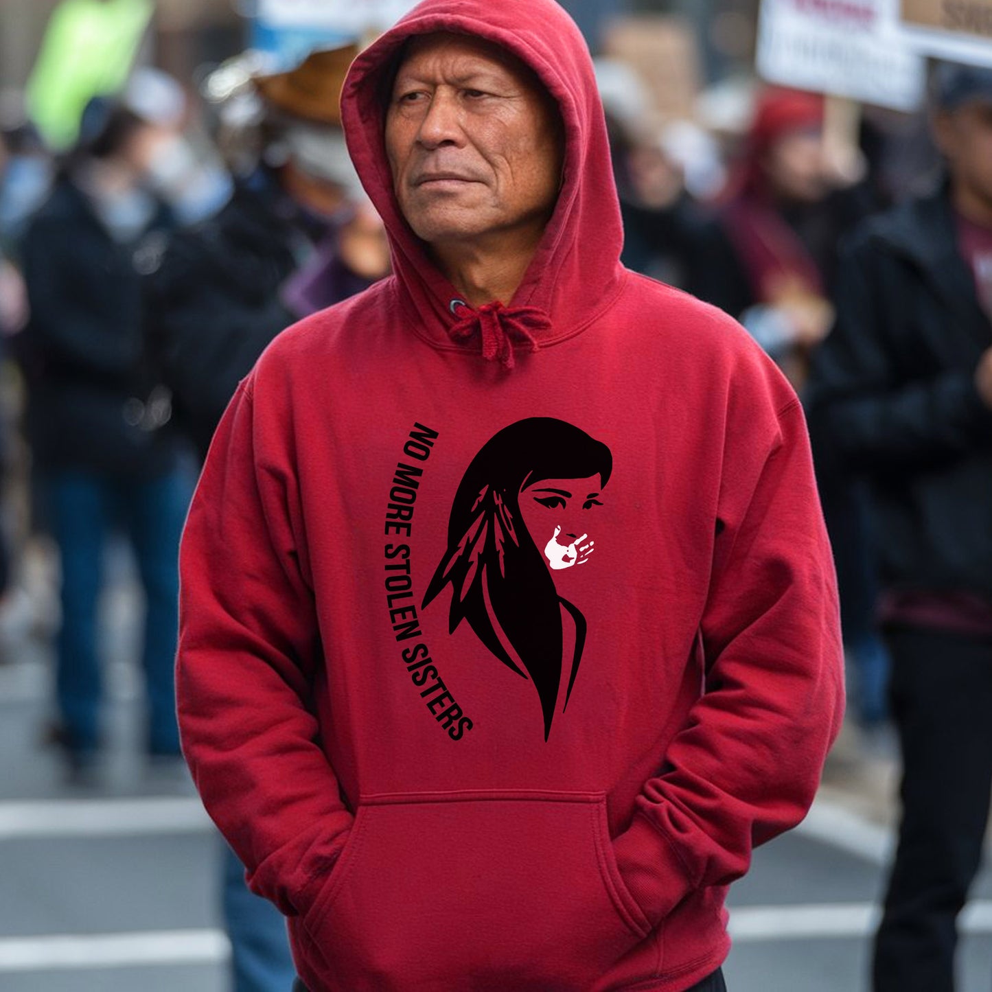 a man wearing a red hoodie with a native american girl on it