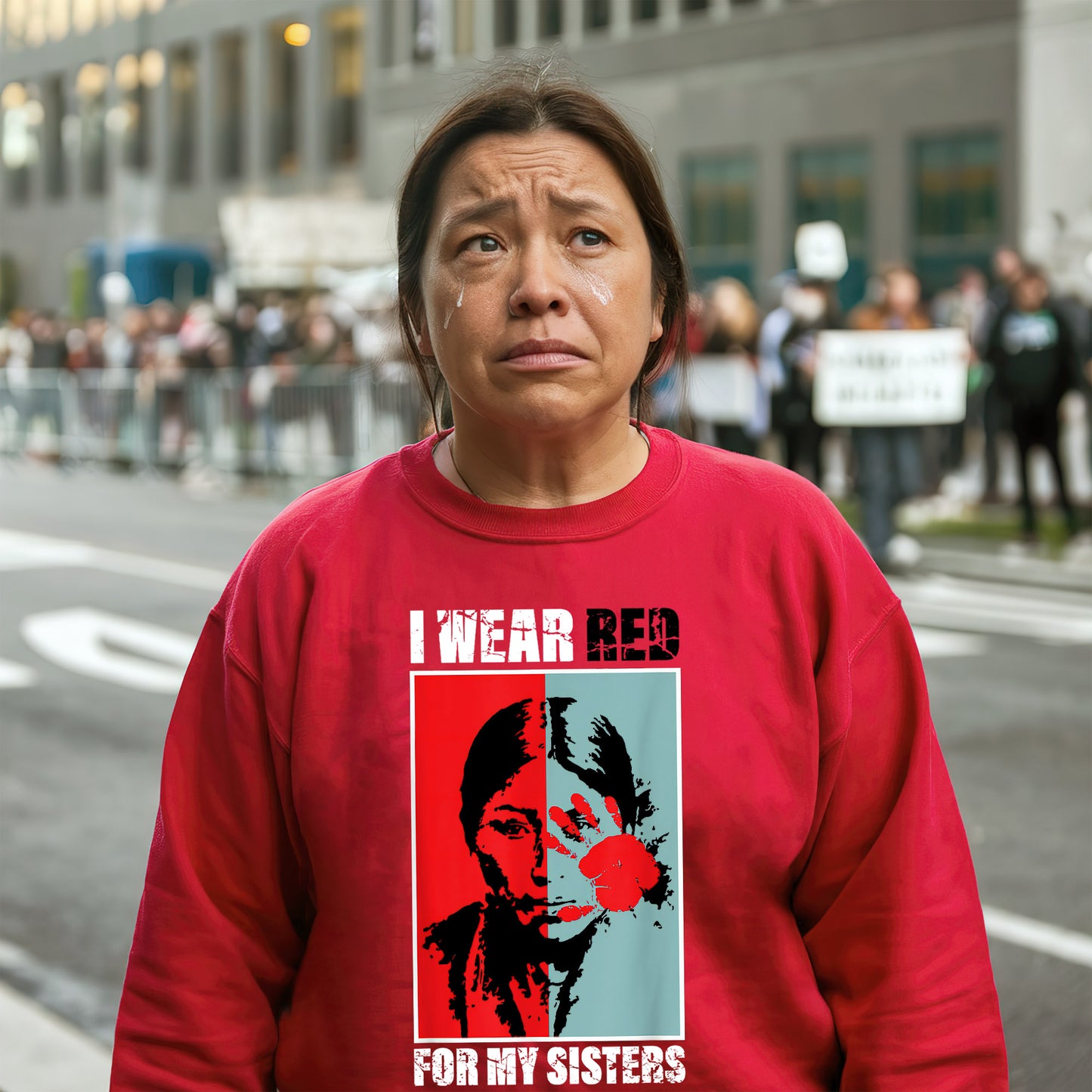 a woman in a red shirt is standing on the street