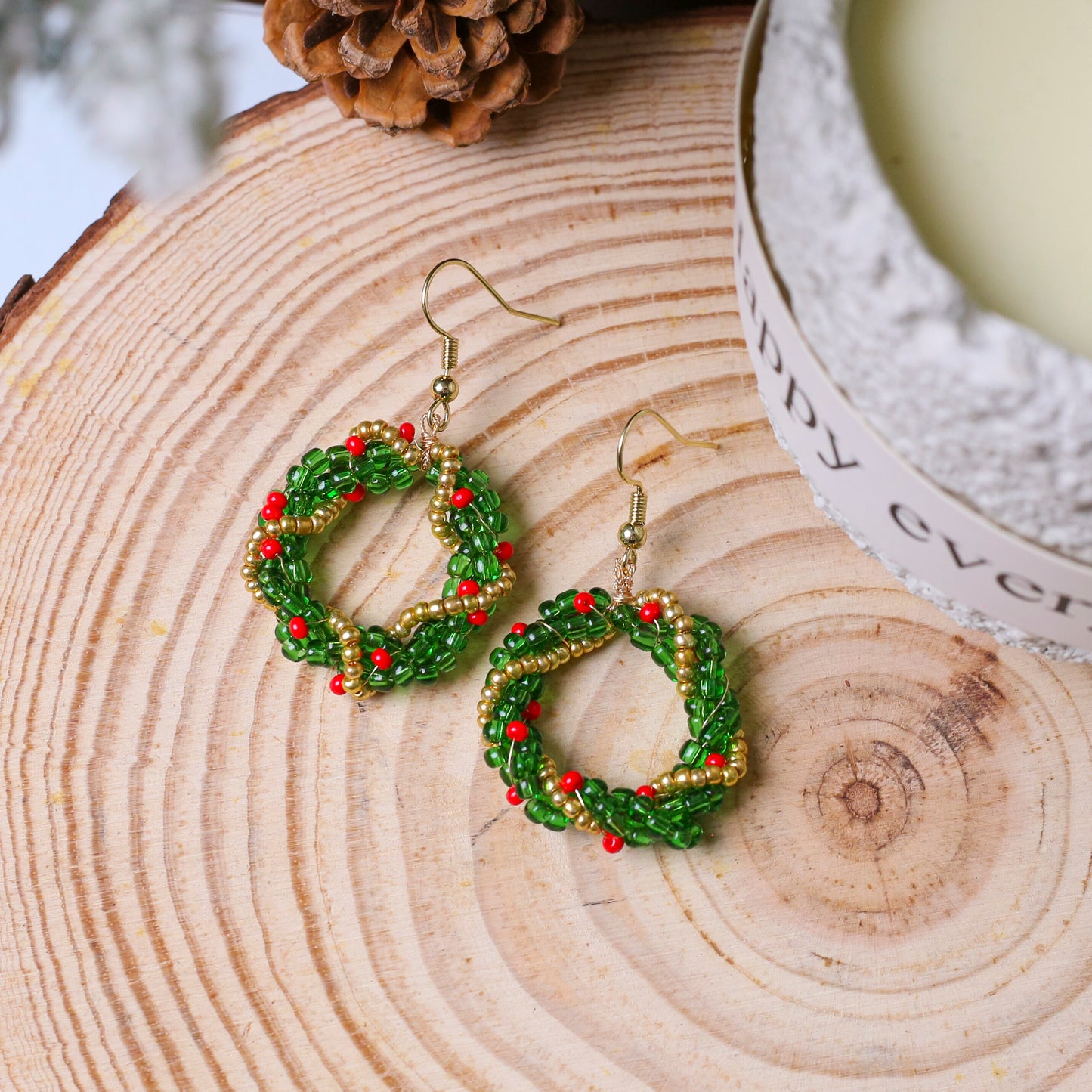 Native-Inspired Beaded Christmas Wreath Earrings