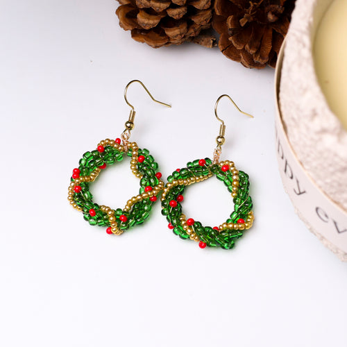 Native-Inspired Beaded Christmas Wreath Earrings