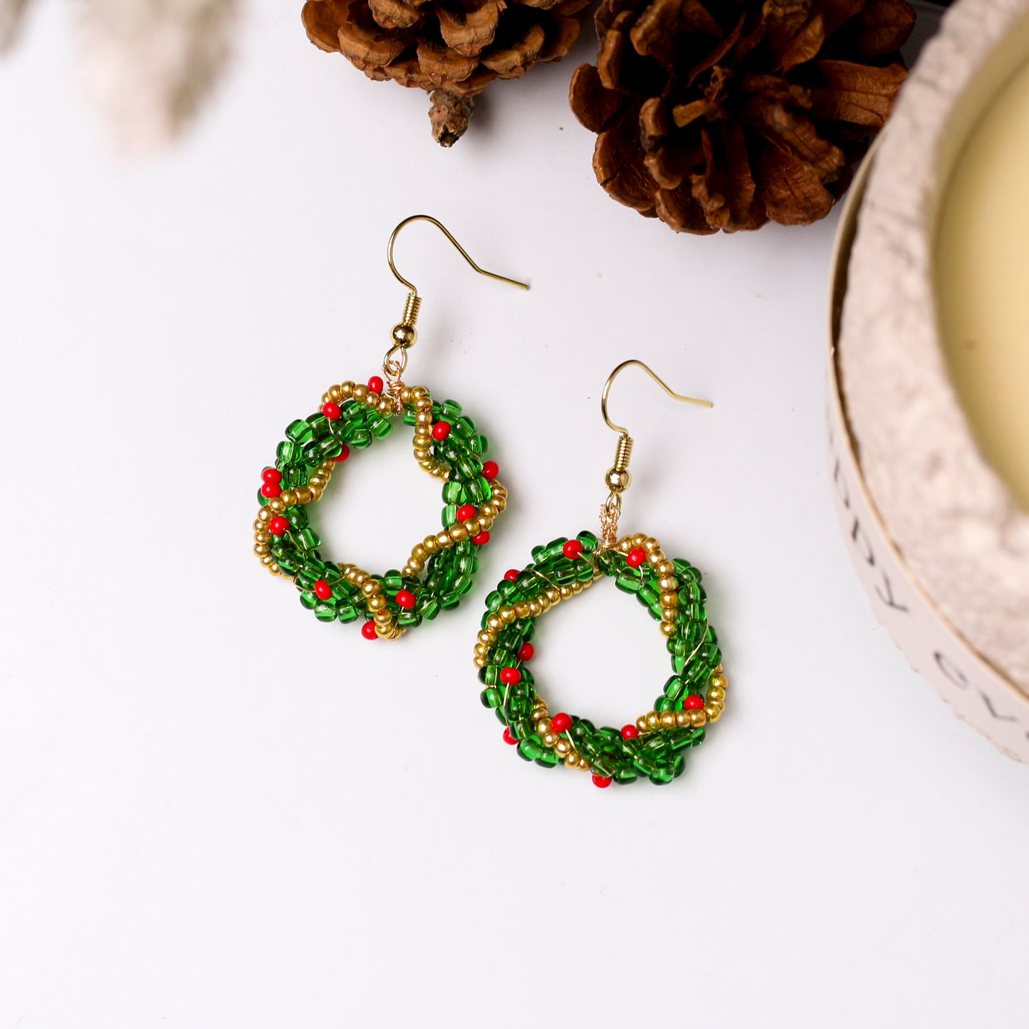 Native-Inspired Beaded Christmas Wreath Earrings