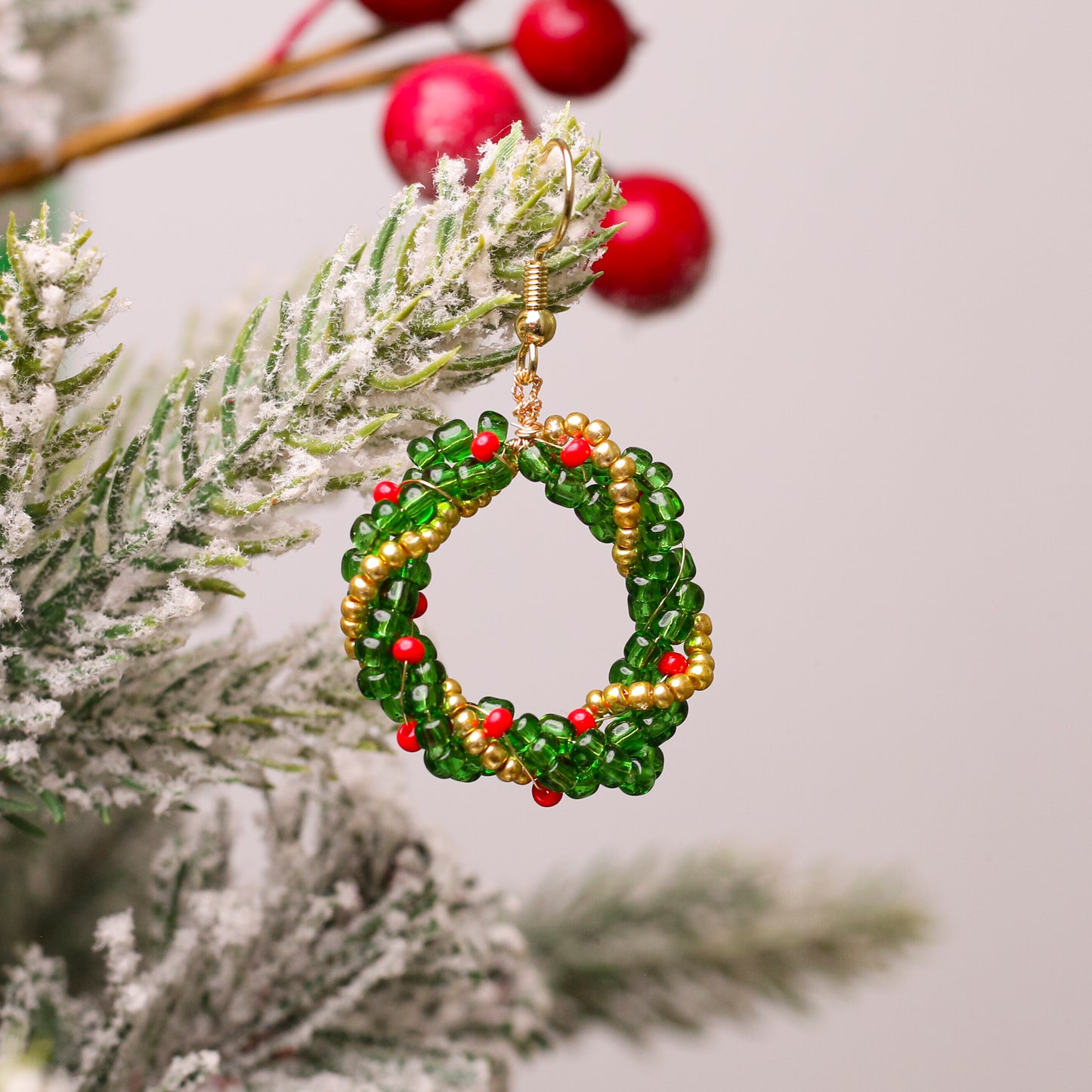 Native-Inspired Beaded Christmas Wreath Earrings