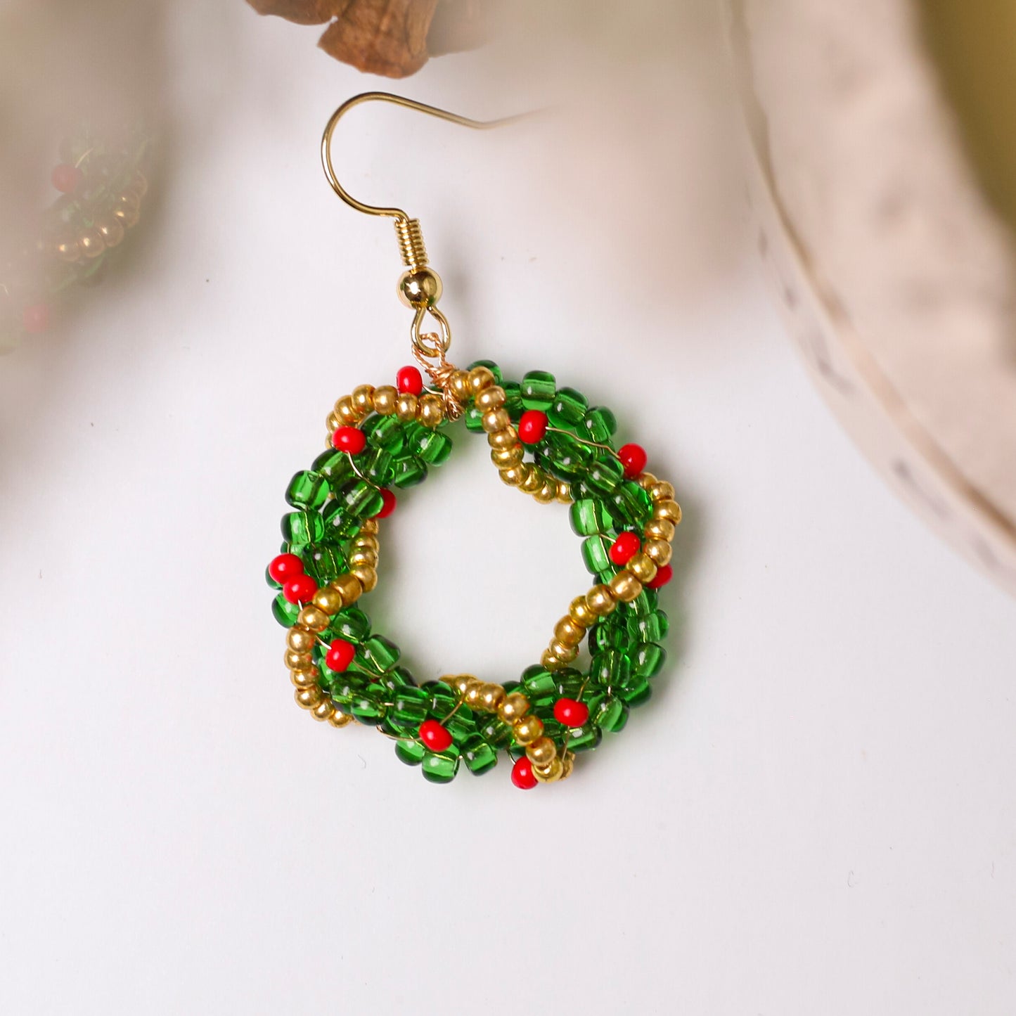 Native-Inspired Beaded Christmas Wreath Earrings