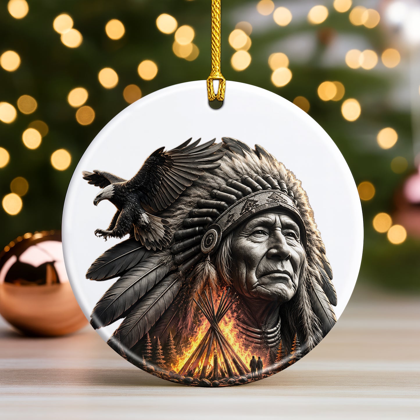 Native American Chief & Eagle Christmas Ornament – Indigenous Heritage Ceramic Hanging Decoration