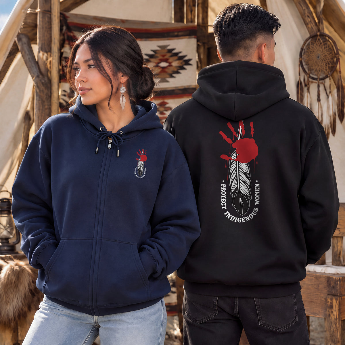 Protect Indigenous Women Red Hand Feather - Two Sides Unisex Hoodie Zip