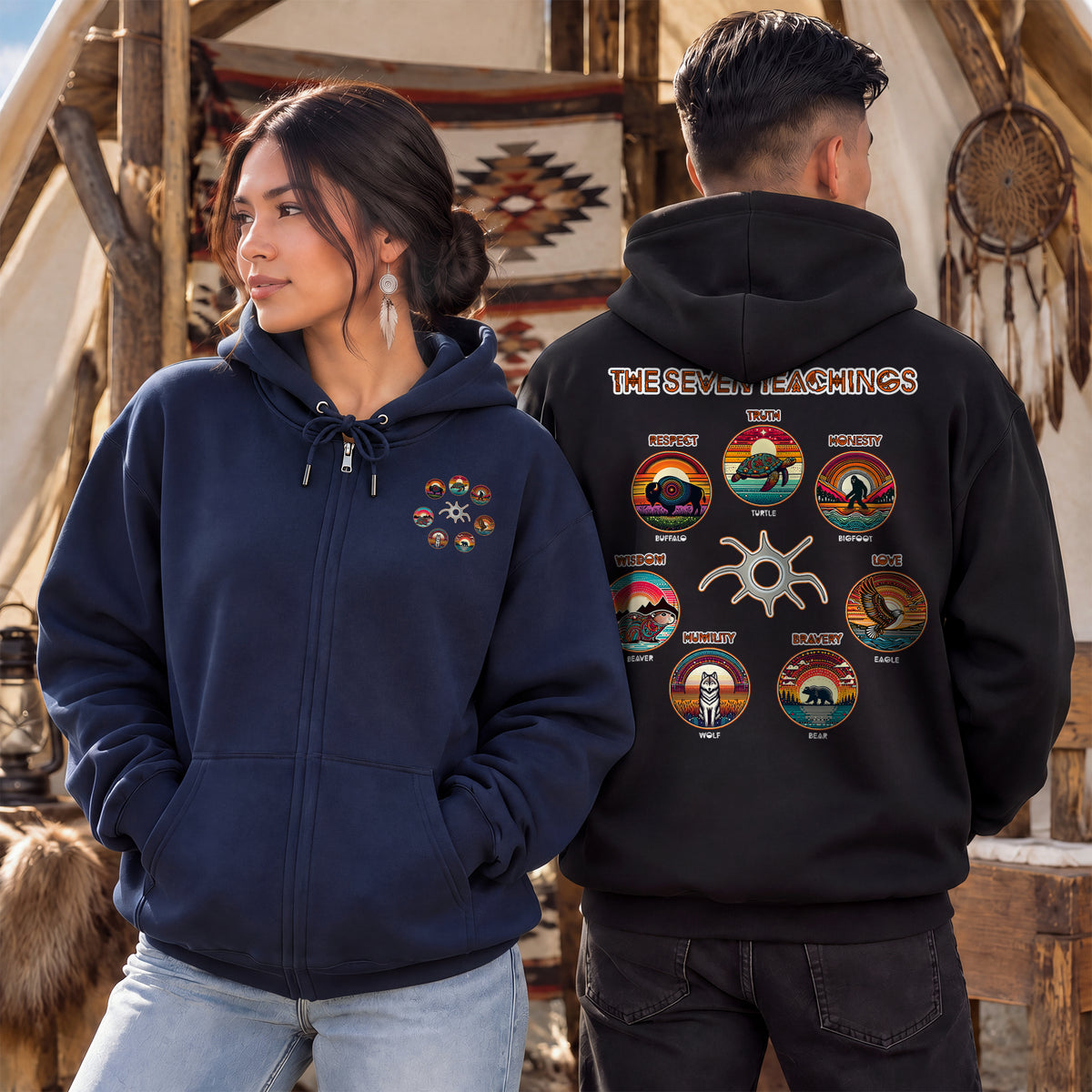 The Seven Sacred Laws Animal Symbols Indigenous - Two Sides Unisex Hoodie Zip