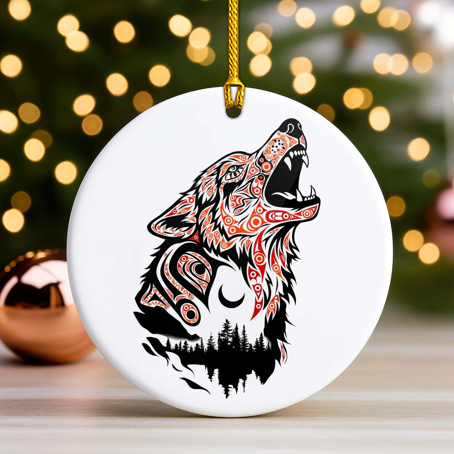 Native Wolf Ceramic Ornament - Indigenous Tribal Art for Holiday Decor