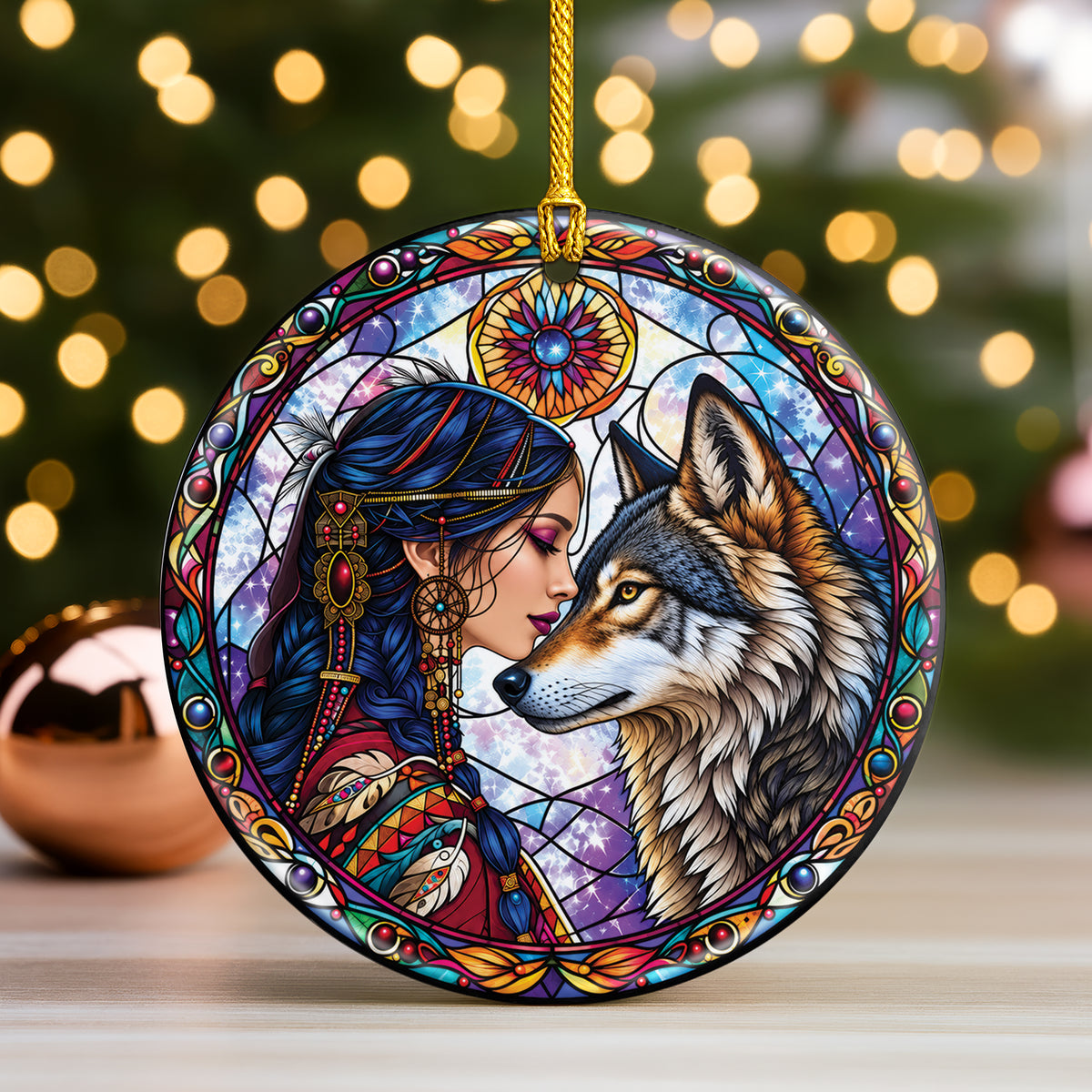 Wolf And Woman Stained Glass Ceramic Christmas Ornament Holiday Decor