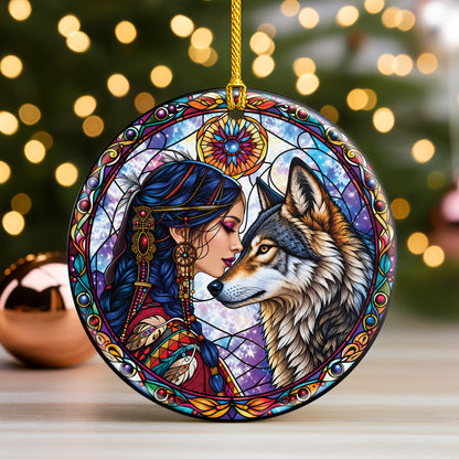 Wolf And Woman Stained Glass Ceramic Christmas Ornament Holiday Decor