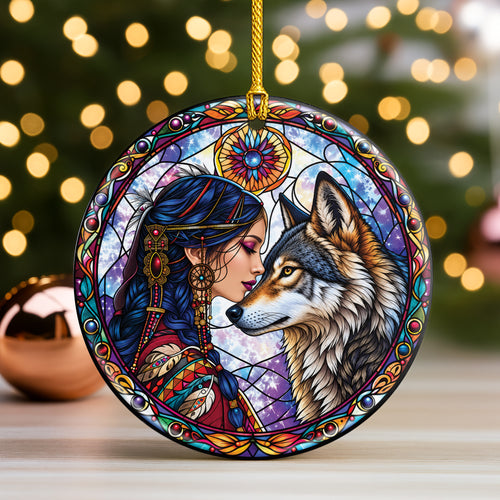 Wolf And Woman Stained Glass Ceramic Christmas Ornament Holiday Decor