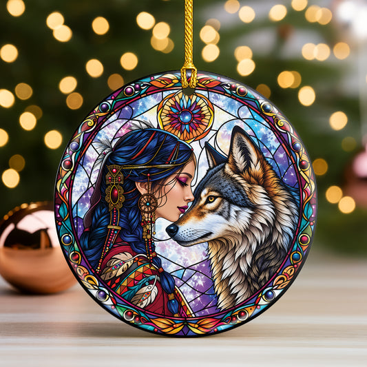 Wolf And Woman Stained Glass Ceramic Christmas Ornament Holiday Decor