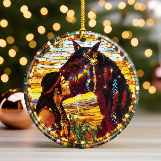 Native American Woman & Horse Ceramic Ornament - Stained Glass