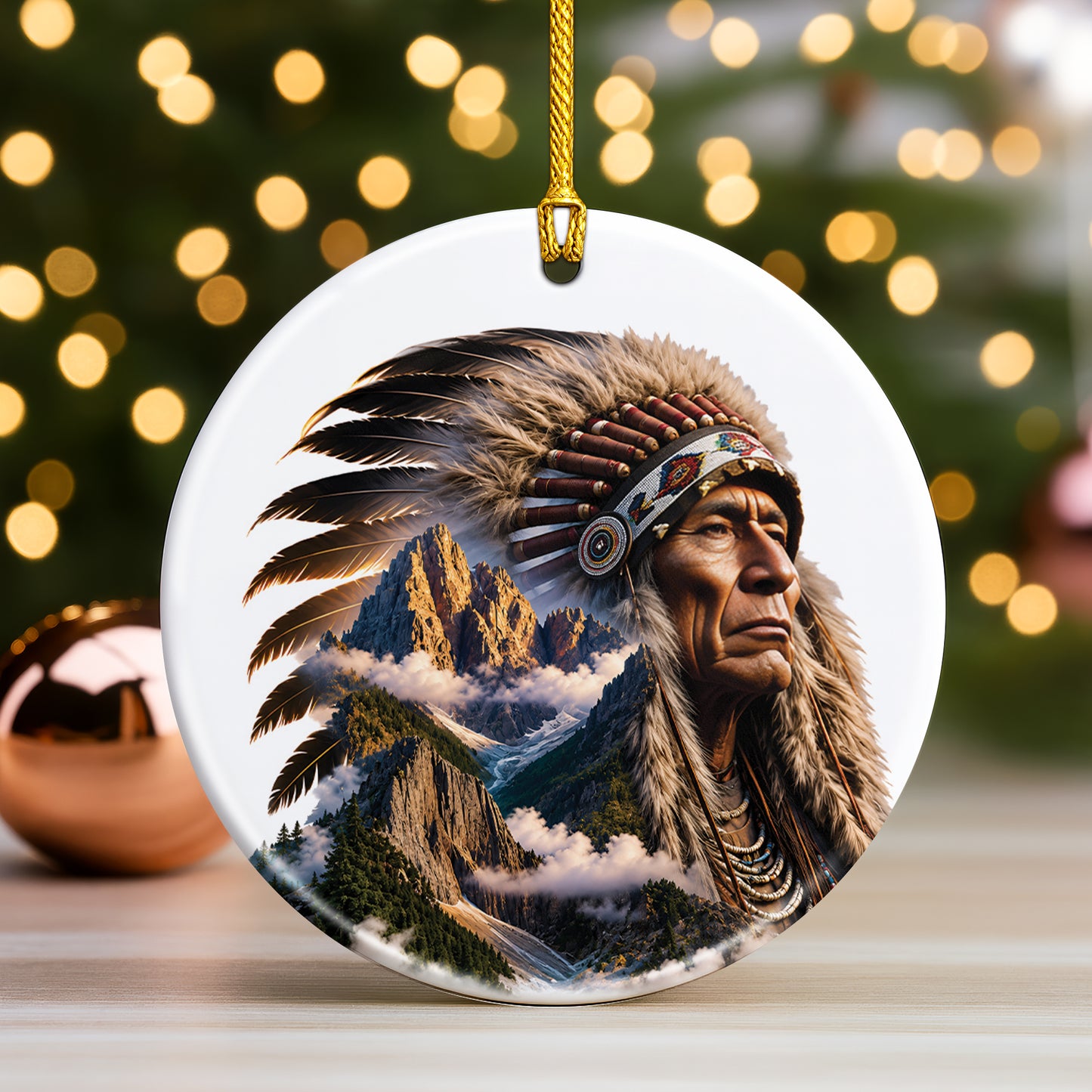 Native American Mountain Warrior Christmas Ornament – Indigenous Spirit Ceramic Holiday Hanging Decor