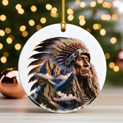 Native American Mountain Warrior Christmas Ornament – Indigenous Spirit Ceramic Holiday Hanging Decor