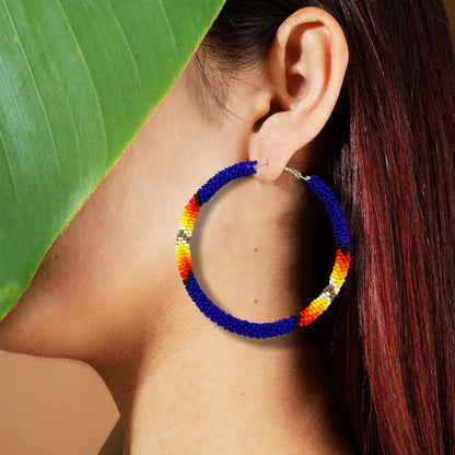 Handmade Deep Blue Pattern Hoop Beaded Earrings for Women