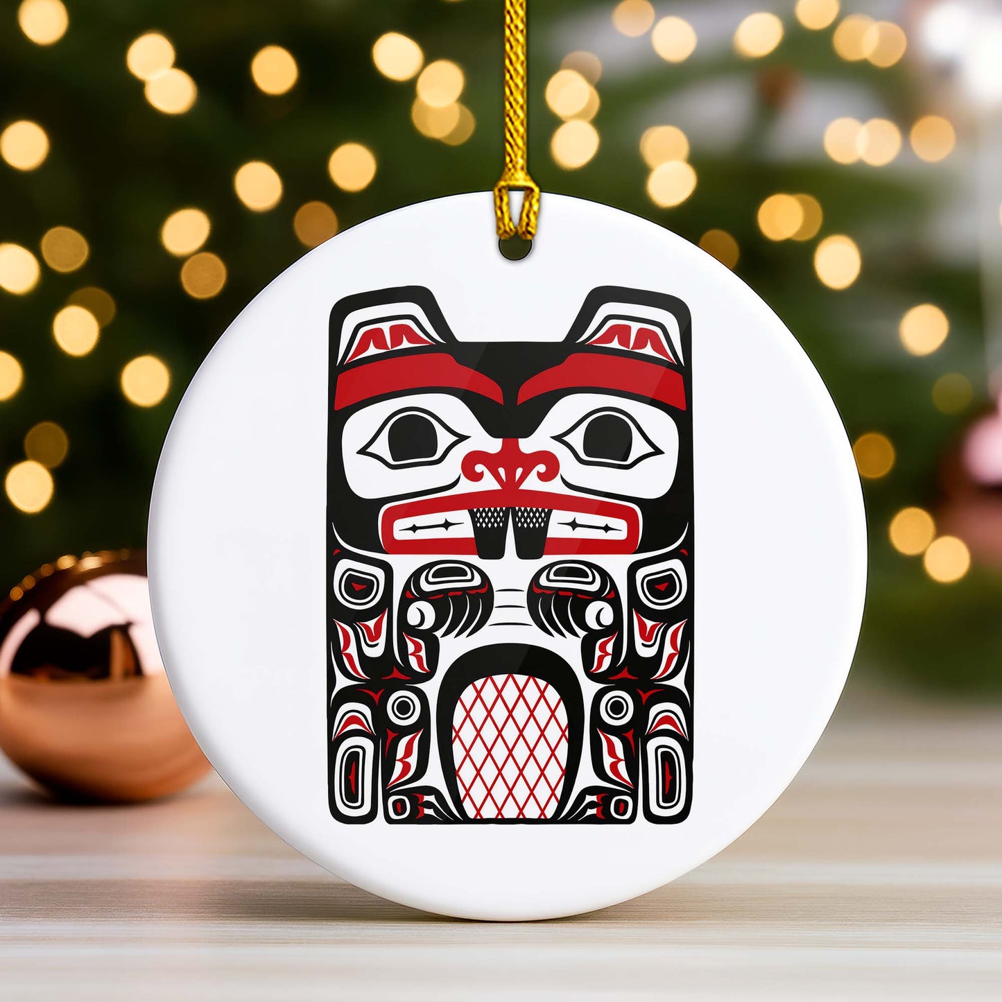 Native Beaver Spirit Ceramic Ornament - Indigenous Tribal Art for Holiday Decor