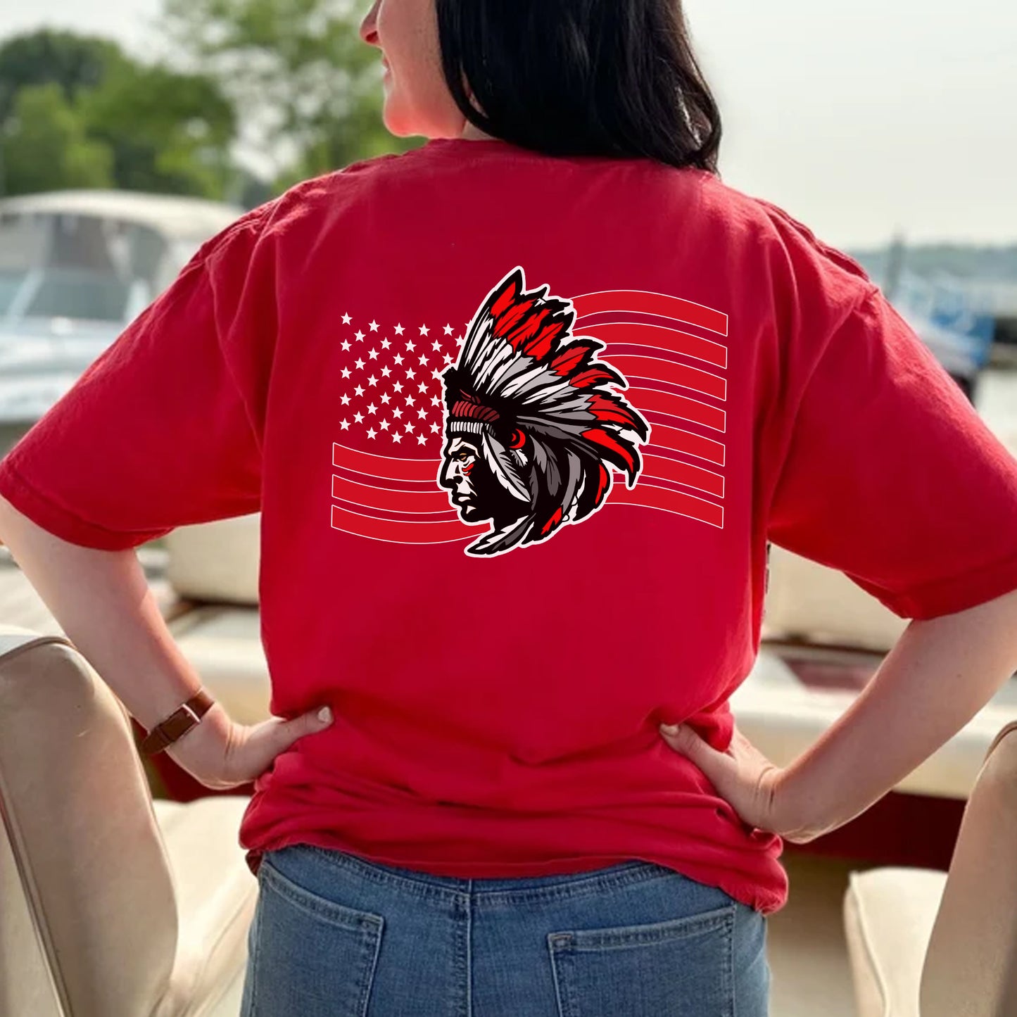 Native American Flag Tribal Chief Head with USA Flag Graphic - Two sides - Unisex T-Shirt/T-Shirt V-Neck/Hoodie/Sweatshirt