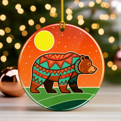 Tribal Bear Ceramic Ornament - Indigenous Inspired for Holiday Decor