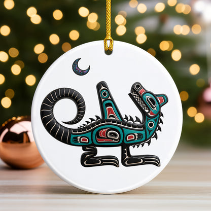 Native American Orca Spirit Christmas Ornament – Indigenous Tribal Art Ceramic Hanging Decoration