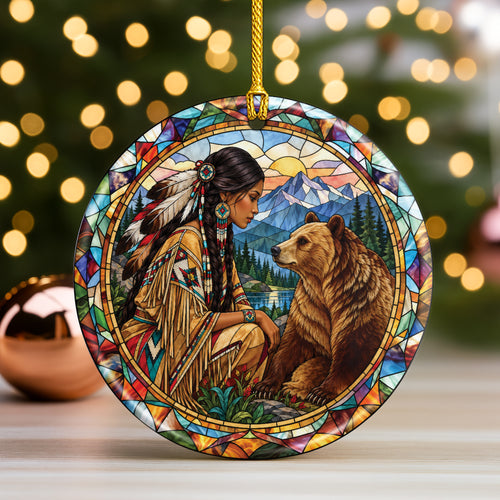 Bear And Woman Stained Glass Ceramic Christmas Ornament Holiday Decor