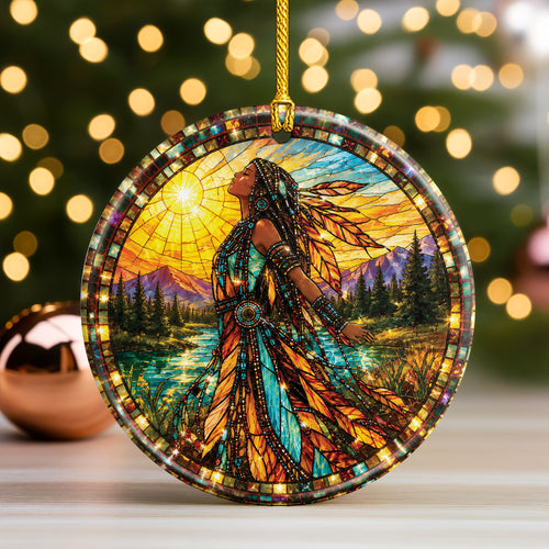 Native American Woman Ceramic Ornament - Feather Stained Glass Design
