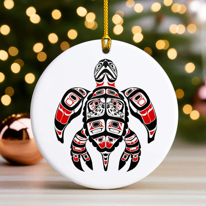 Native Turtle Ceramic Ornament - Indigenous Tribal Art for Holiday Decor