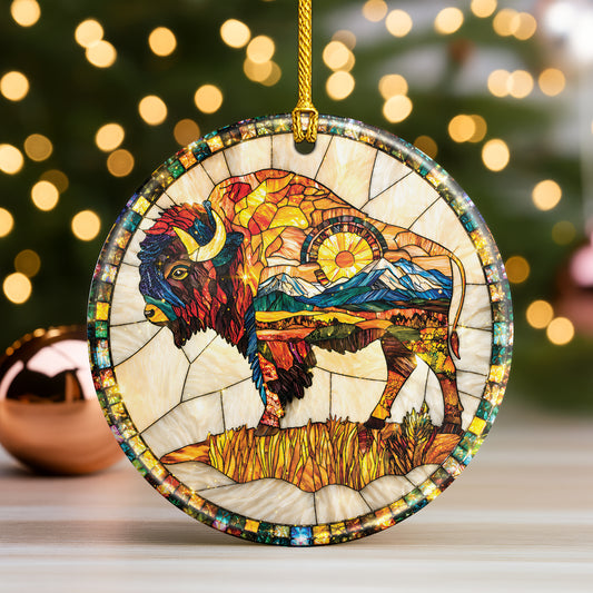 American Bison Ceramic Ornament – Stained Glass Mountain Design