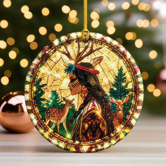 Native American Woman Deer Ceramic Ornament – Stained Glass Design