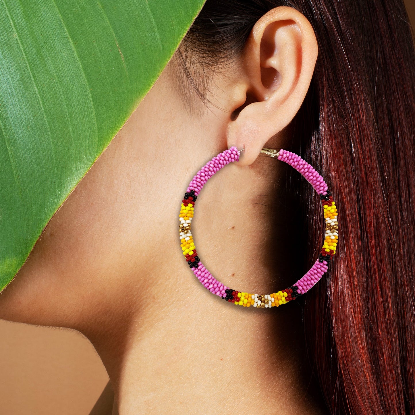 Handmade 3-Inch Hoop Round Pattern Beaded Earrings for Women