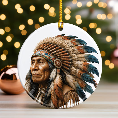 Native American Chief Portrait Christmas Ornament – Tribal Heritage Ceramic Holiday Tree Decoration