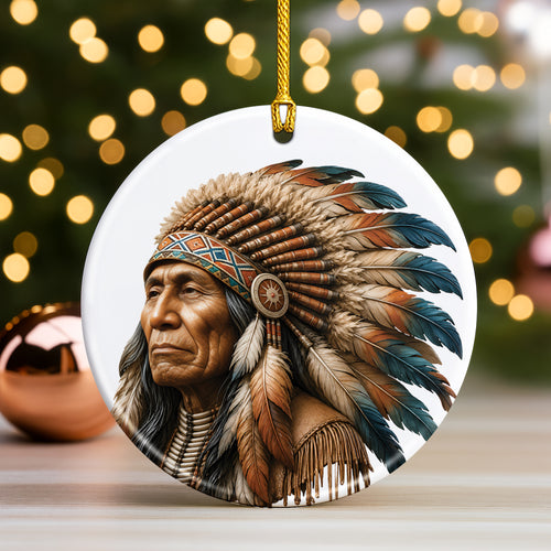 Native American Chief Portrait Christmas Ornament – Tribal Heritage Ceramic Holiday Tree Decoration