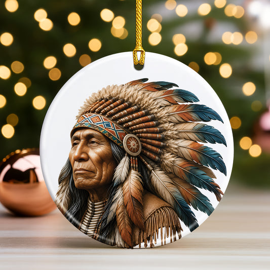 Native American Chief Portrait Christmas Ornament – Tribal Heritage Ceramic Holiday Tree Decoration