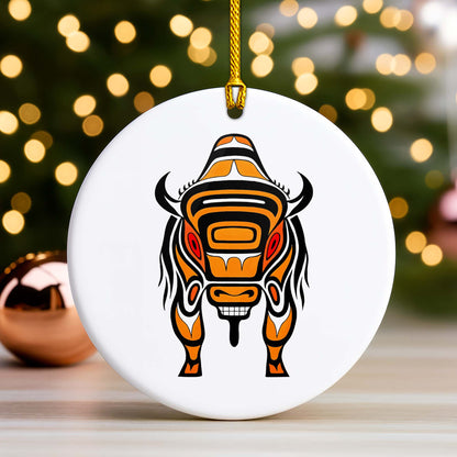 Native Bison Spirit Ceramic Ornament - Indigenous Tribal Art for Holiday Decor