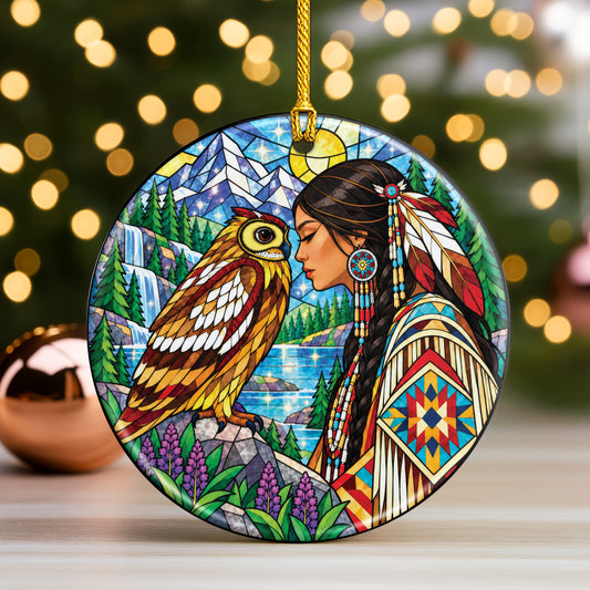 Owl And Woman Stained Glass Ceramic Christmas Ornament Holiday Decor