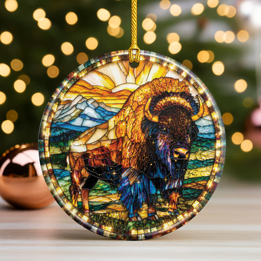 American Bison Ceramic Ornament - Stained Glass Design
