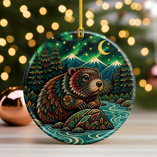 Native Inspired Beaver Ceramic Ornament, Indigenous Style Wildlife Holiday Decor