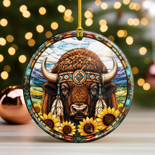 American Bison Ceramic Ornament - Stained Glass Sunflower Design
