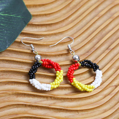 Beaded Circle Earrings – Red, Black, and Yellow