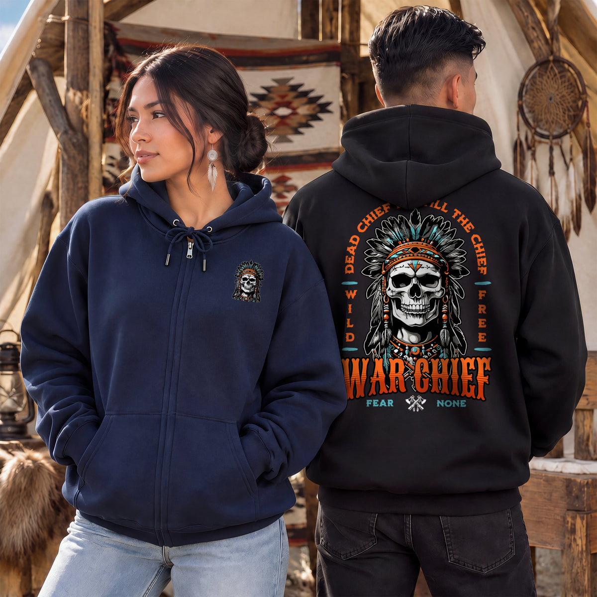 Native Inspired War Chief Skull Fear None Wild Free - Two Sides Unisex Hoodie Zip