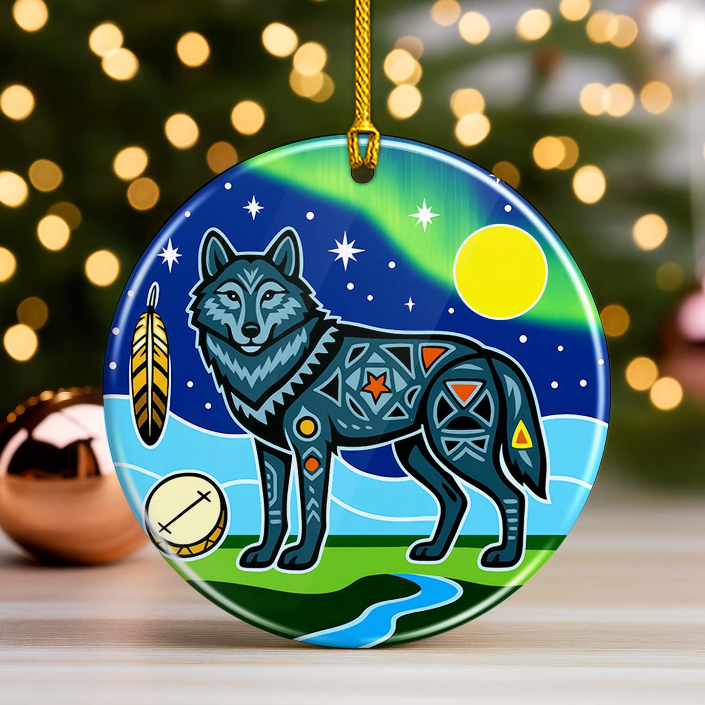 Tribal Wolf Ceramic Ornament - Indigenous Inspired for Holiday Decor